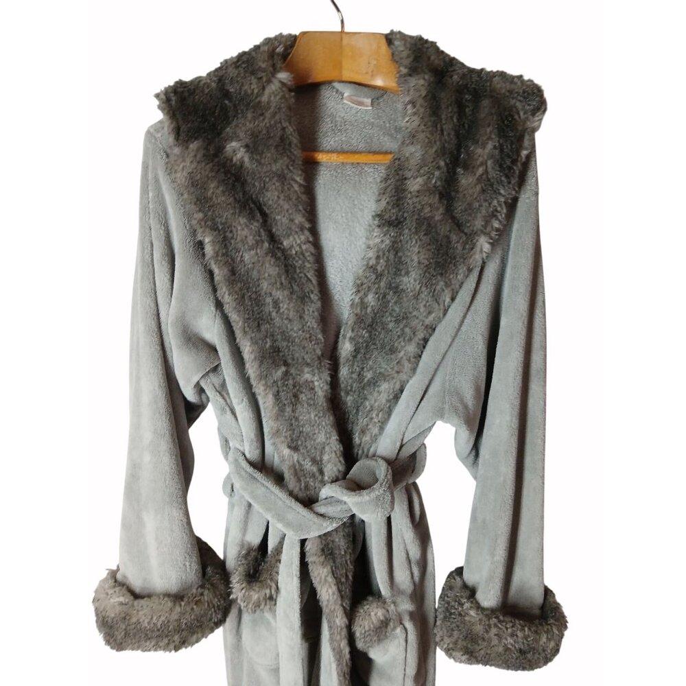 Pottery Barn Gray Faux Fur Trim Hooded Bathrobe Robe Size L Belt Pockets Lounge